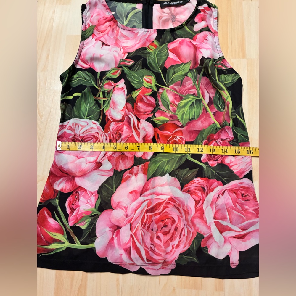 Dolce and Gabbana Floral Sleeveless Scoop Neck Tank Top - Pink & Green Roses - Picture 4 of 11